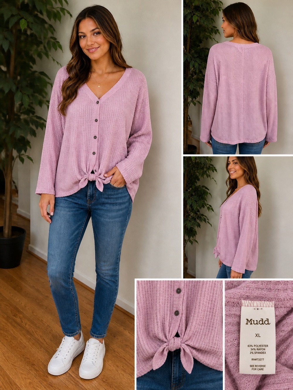 Mudd Waffle Knit Tie Front Top Size XL Mauve Pink Cozy Casual